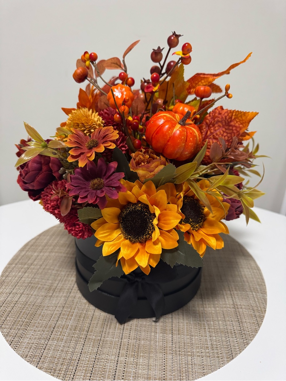 Autumn Harvest Sunflower & Pumpkin Floral Arrangement - Orange